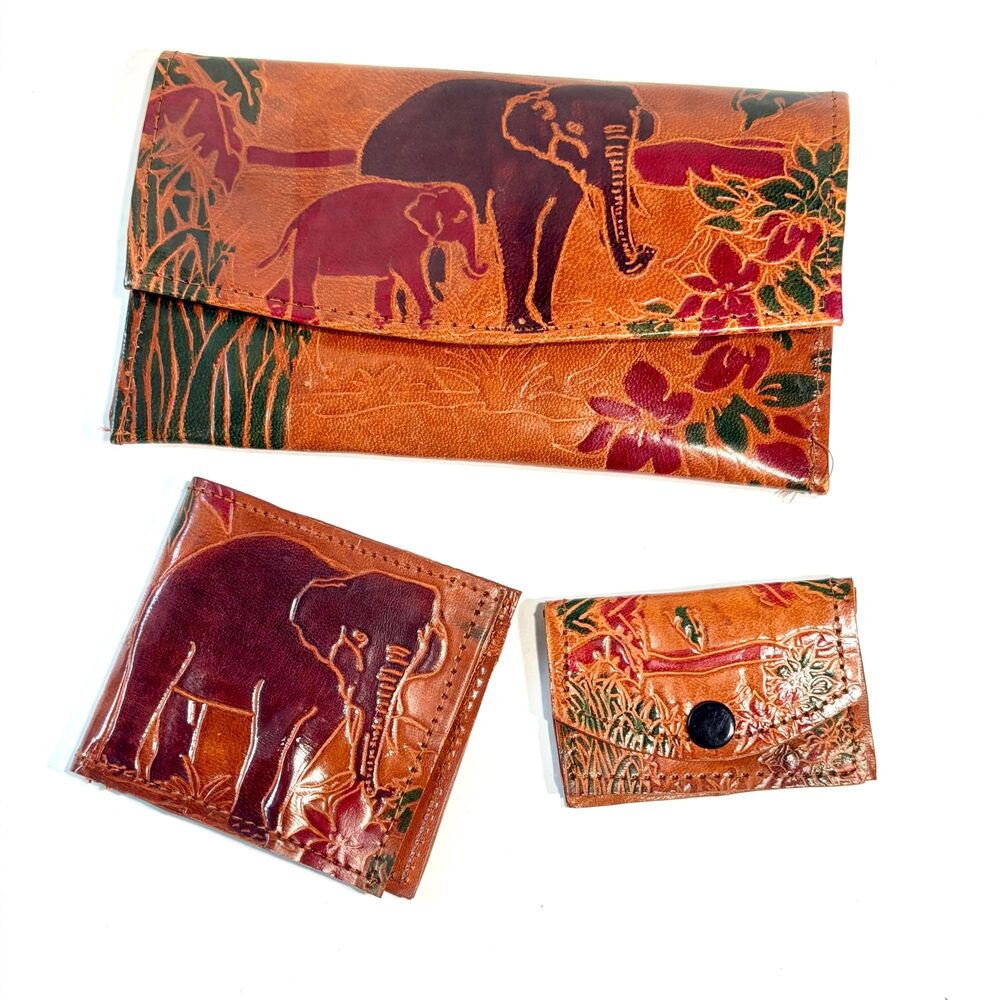 Vintage Shantiniketan Genuine Leather Elephant 3-Piece Wallet Set Made in India